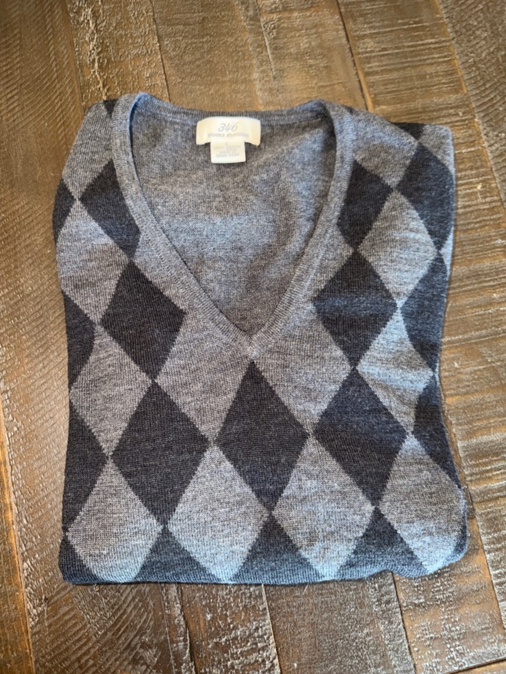 346 Brooks Brothers Gray Argyle V-Neck Sweater Women‎ L Merino Wool - Picture 7 of 7